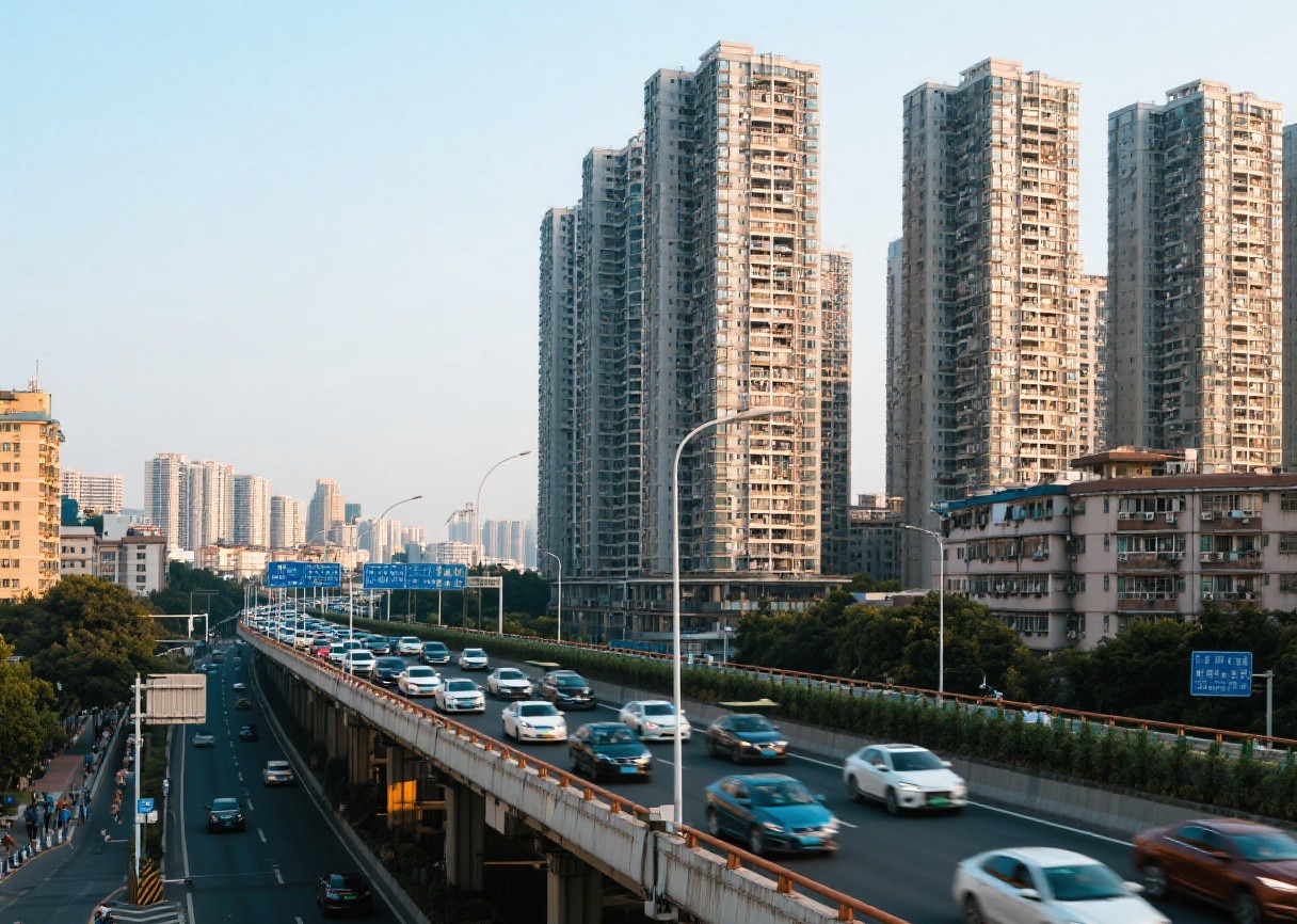 广州内环路旁的高层住宅与车流