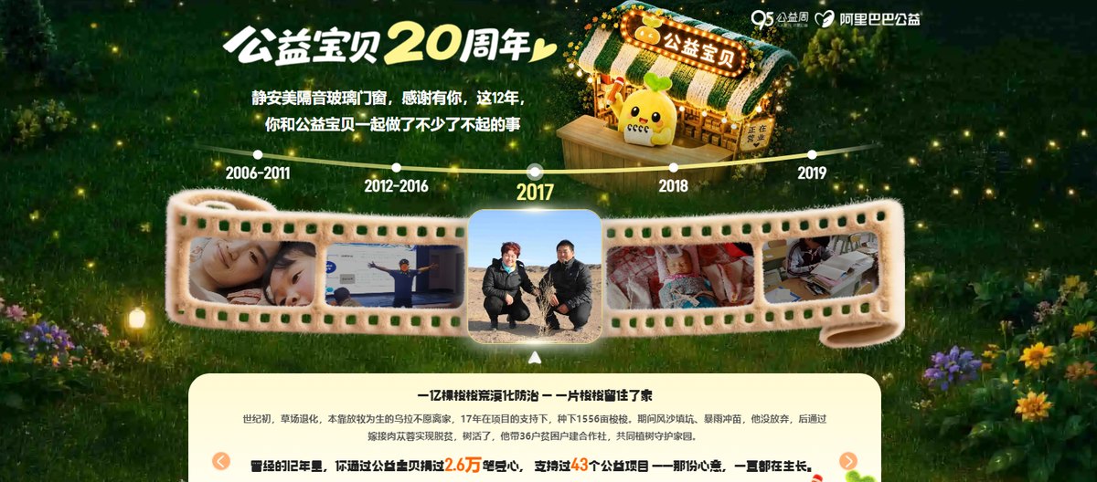 阿里巴巴公益宝贝 20 周年活动页，含 2006—2019 公益时间线